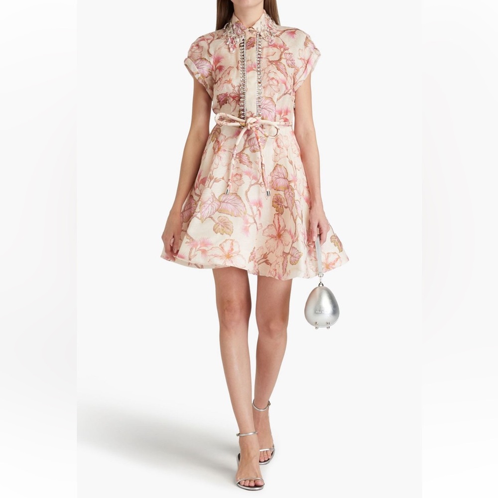 Zimmermann Crystal-embellished floral-print linen mini dress Size 1 US 4/6